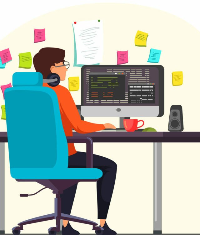 Male programmer working at computer in office, wall with hanging reminder stickers. Developer creating new software, interface, coding and programming, system administrator or designer character